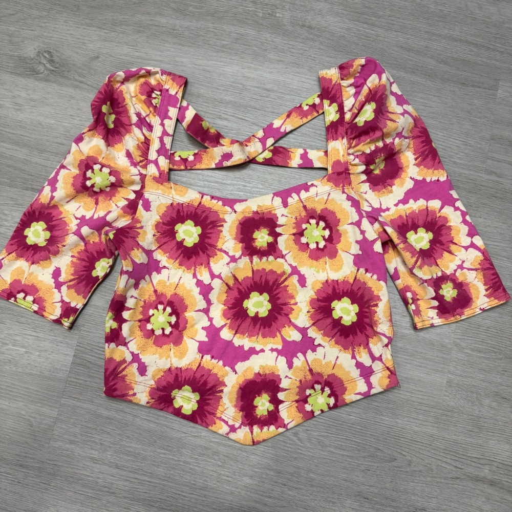 Free People Floral Puff Sleeve Crop Top Magenta Yellow Pop M NWT